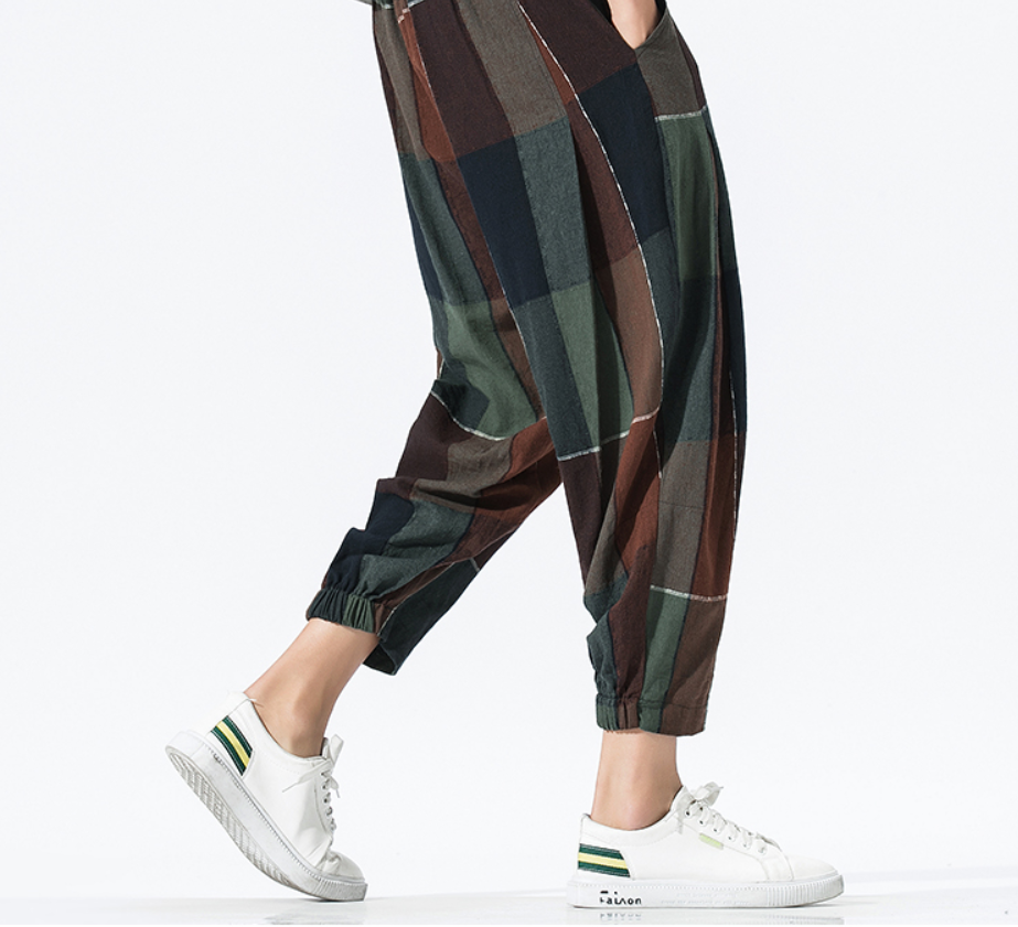 Loose Checkered Cotton-Linen Crop Lantern Pants