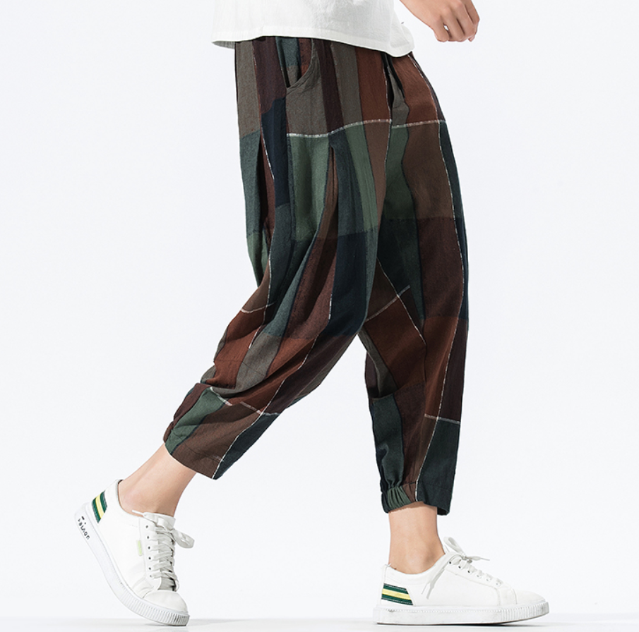 Loose Checkered Cotton-Linen Crop Lantern Pants