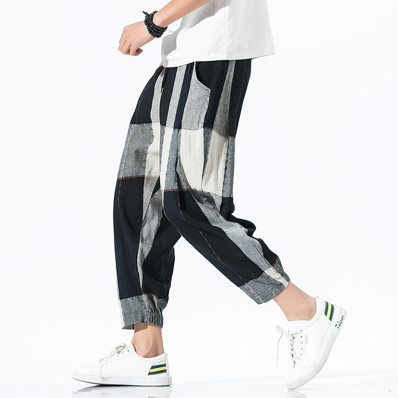 Loose Checkered Cotton-Linen Crop Lantern Pants
