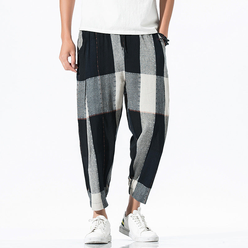 Loose Checkered Cotton-Linen Crop Lantern Pants