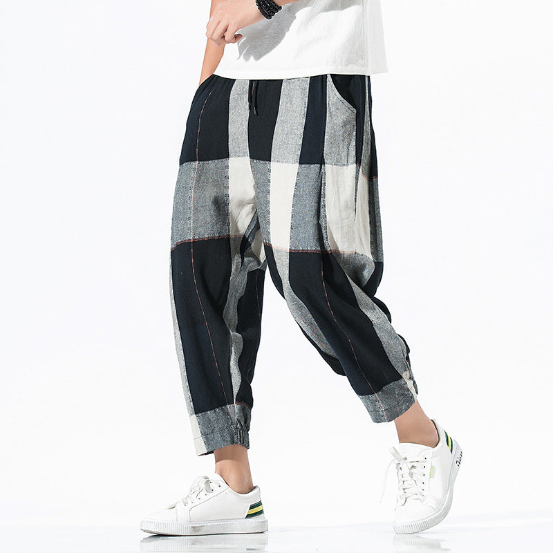 Loose Checkered Cotton-Linen Crop Lantern Pants