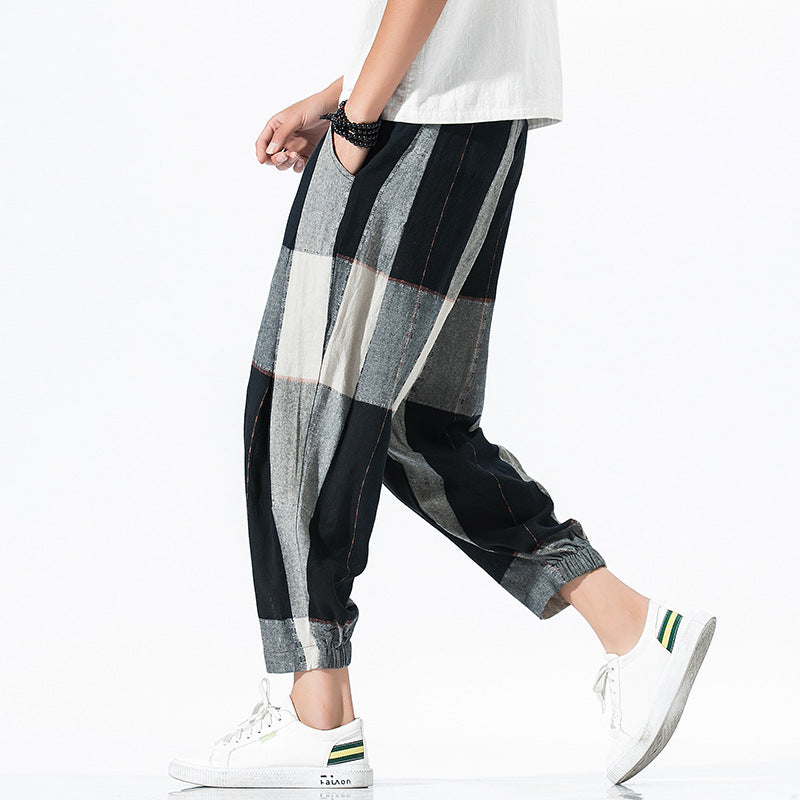Loose Checkered Cotton-Linen Crop Lantern Pants