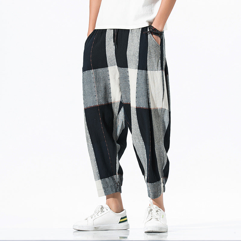 Loose Checkered Cotton-Linen Crop Lantern Pants
