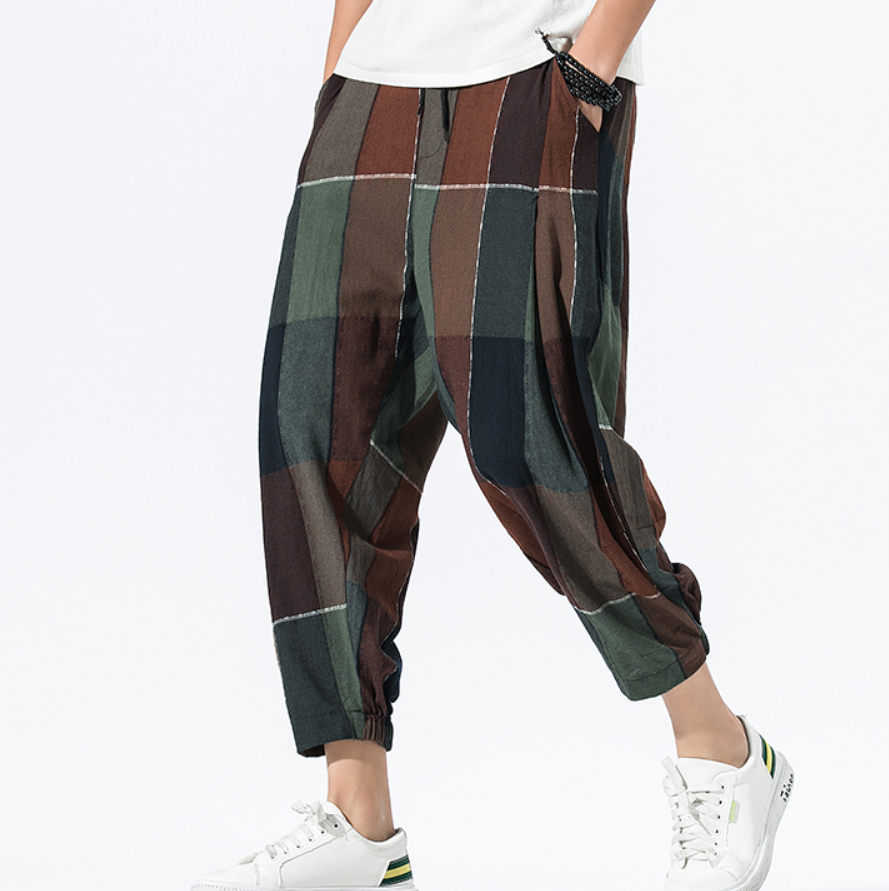 Loose Checkered Cotton-Linen Crop Lantern Pants