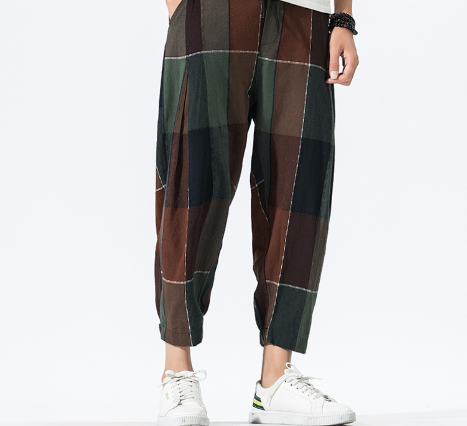 Loose Checkered Cotton-Linen Crop Lantern Pants