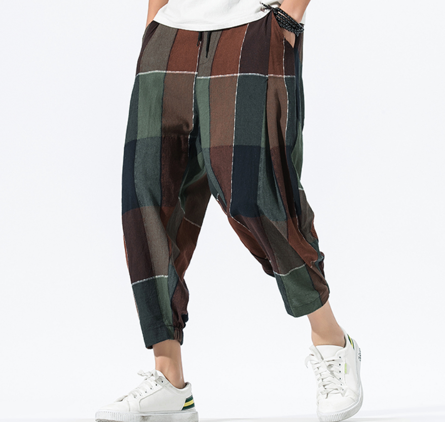 Loose Checkered Cotton-Linen Crop Lantern Pants