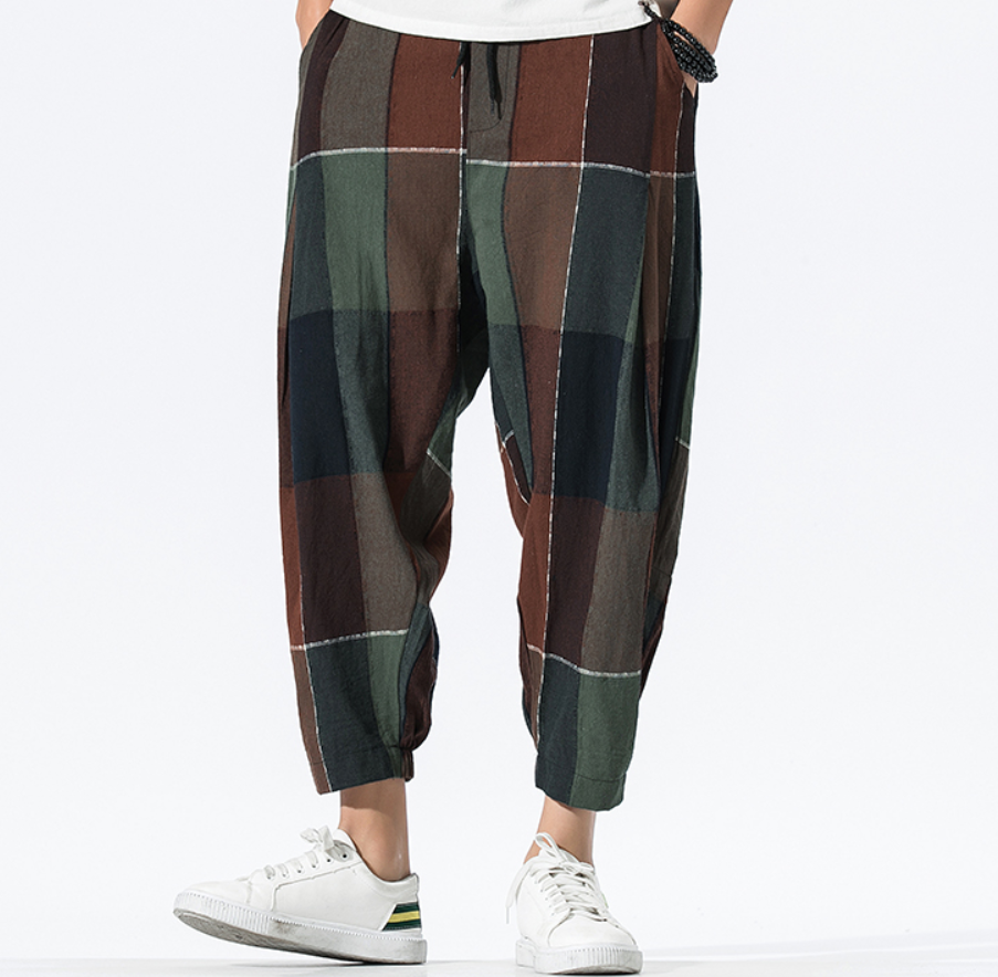 Loose Checkered Cotton-Linen Crop Lantern Pants